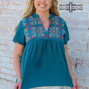 Rowdy Crowd Teal Embroidered Short-Sleeve Blouse
